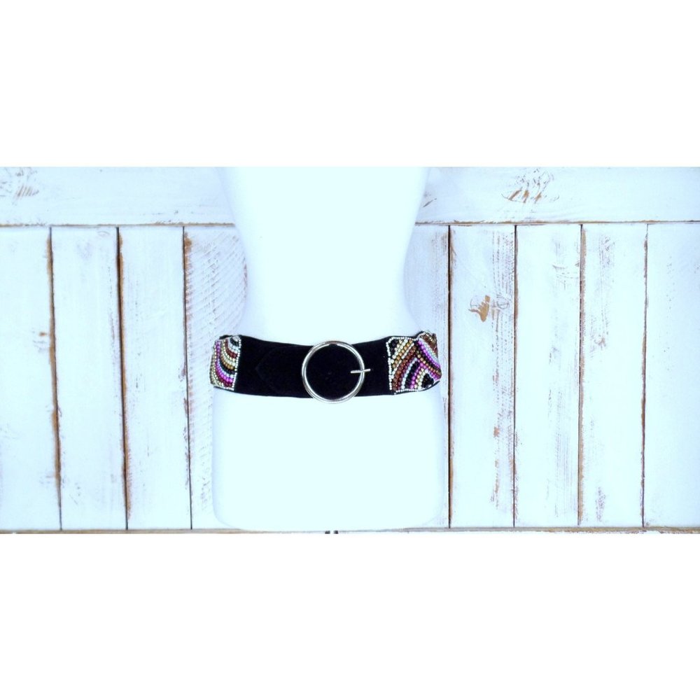 Wide pearl wood beaded black suede leather vintage Indian belt